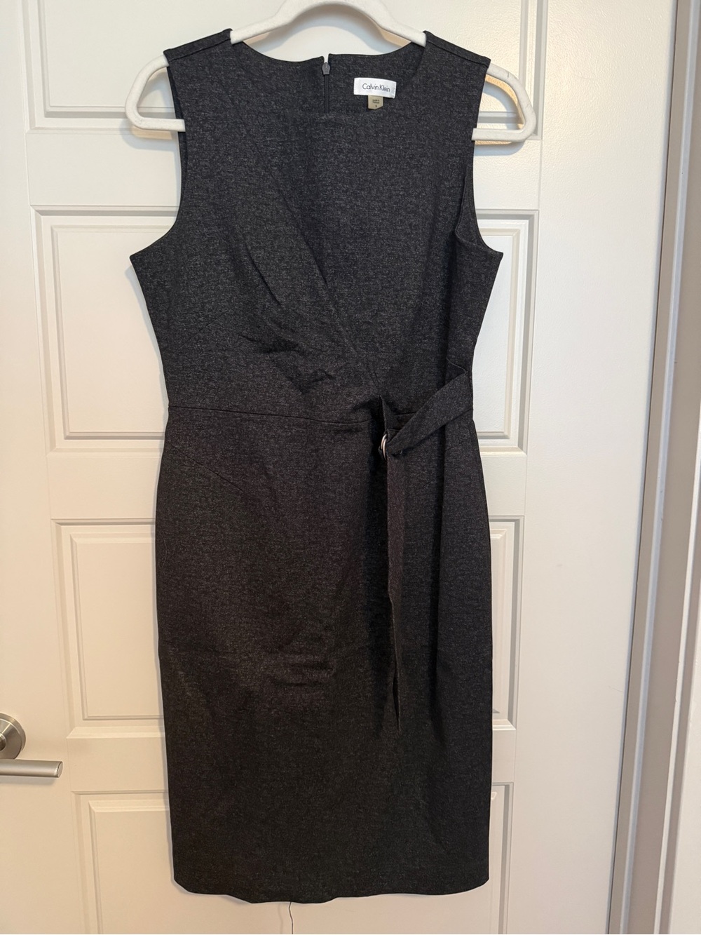 Calvin Klein Gray Sleeveless Sheath Dress Belted Waist Work Office Size 8